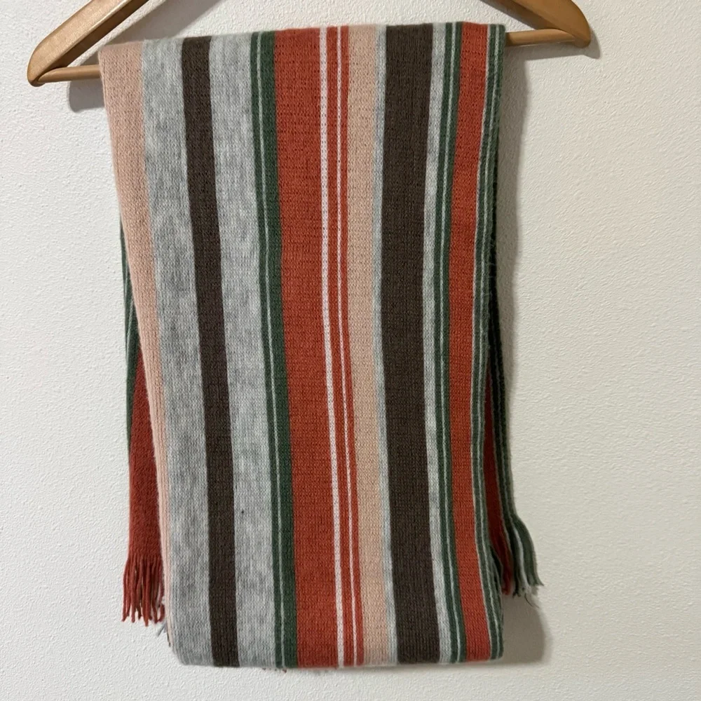 prAna Loli Scarf Weathered Wood Fringe Blanket Orange Green Brown-72x18”